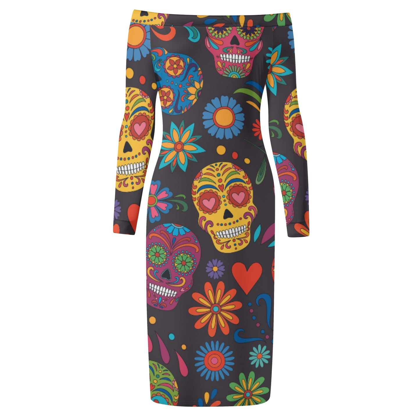 Sugar skull Day of the dead Mexican skull Women's Long Sleeve Off The Shoulder Lady Dress