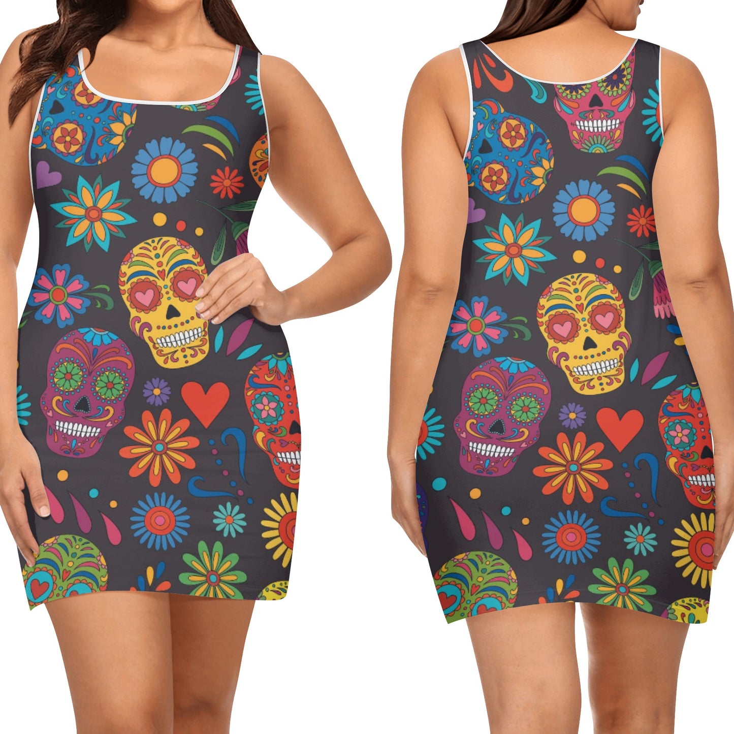 Sugar skull Day of the dead Mexican skull Women's Elegant Sleeveless Mini Dress