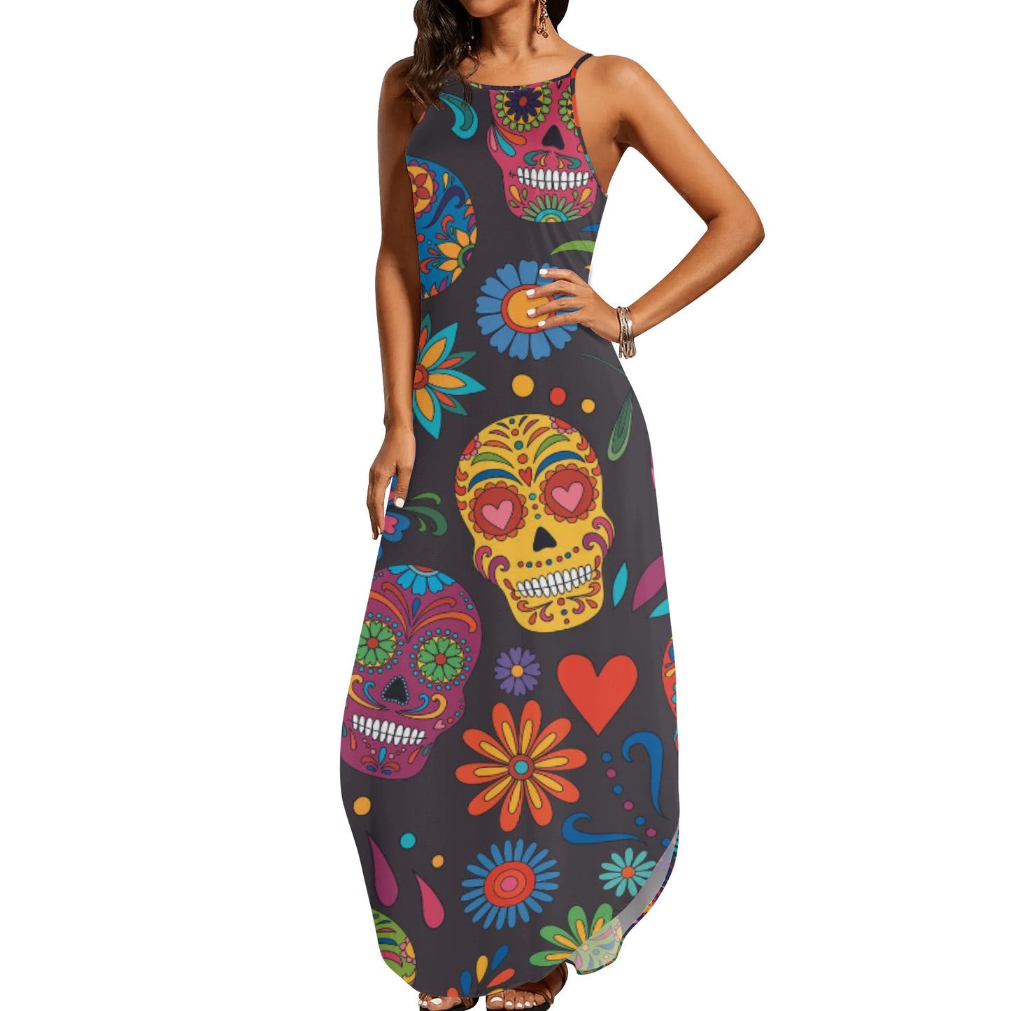 Sugar skull day of the dead mexican skull Women's Elegant Sleeveless Party Dress