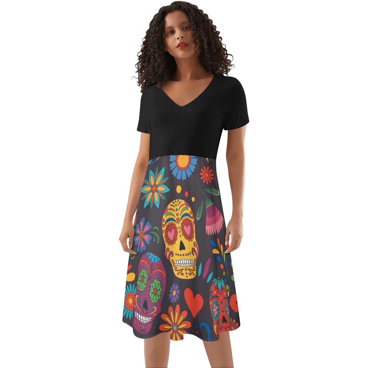 Sugar skull day of the dead mexican skull Women's Black Ruffle Summer Dress