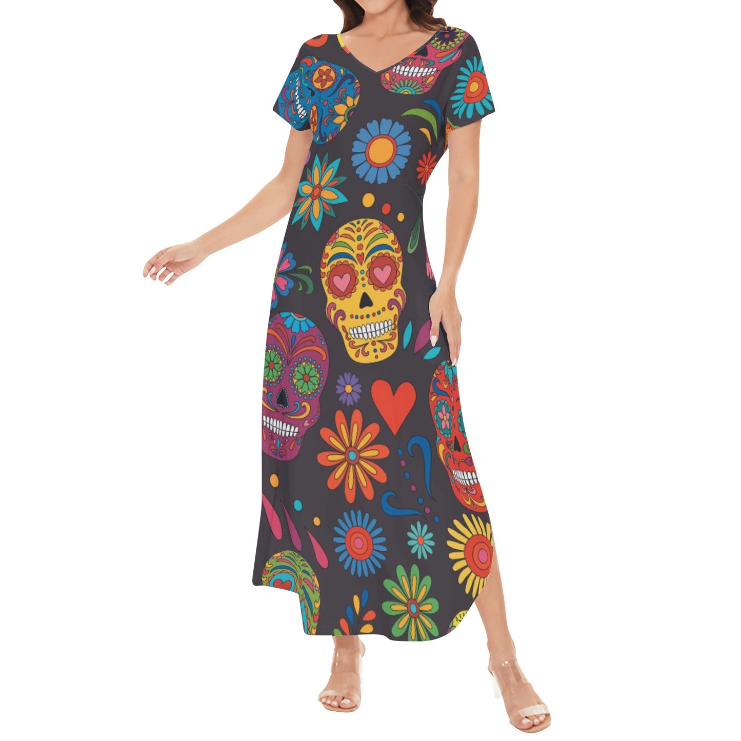 Sugar skull day of the dead mexican skull Women's Short Sleeve Long Draped Dress