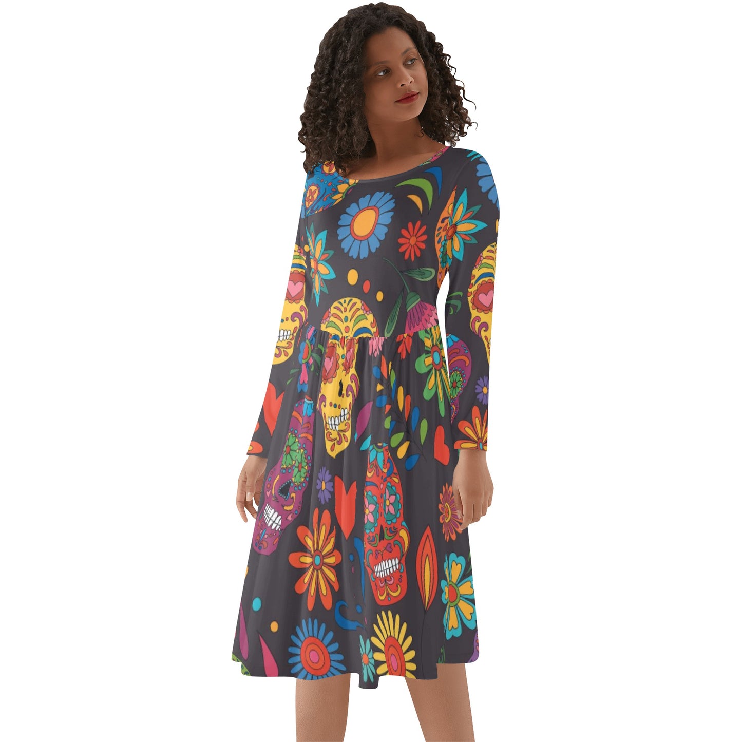 Sugar skull day of the dead mexican skull Women's Long Sleeve Bubble Dress