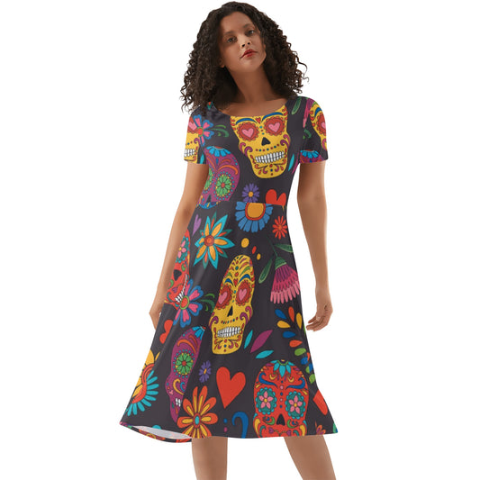 Sugar skull day of the dead mexican skull Women's Short Sleeve Ruffle Dress