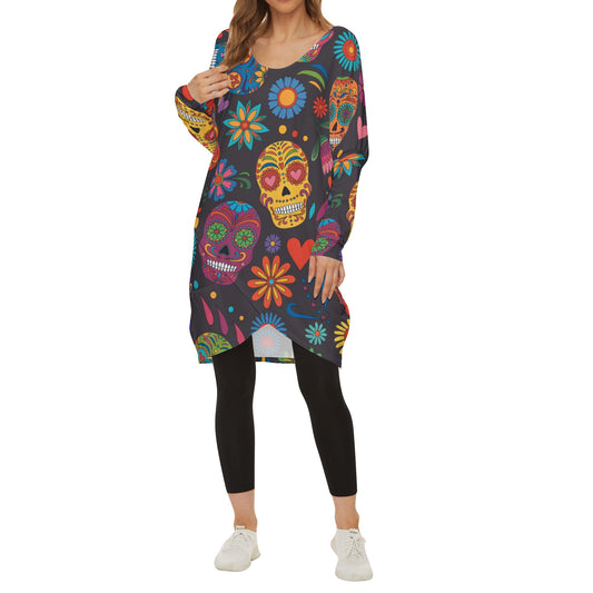 Sugar skull day of the dead mexican skull Women's Casual Long Sleeve Dress