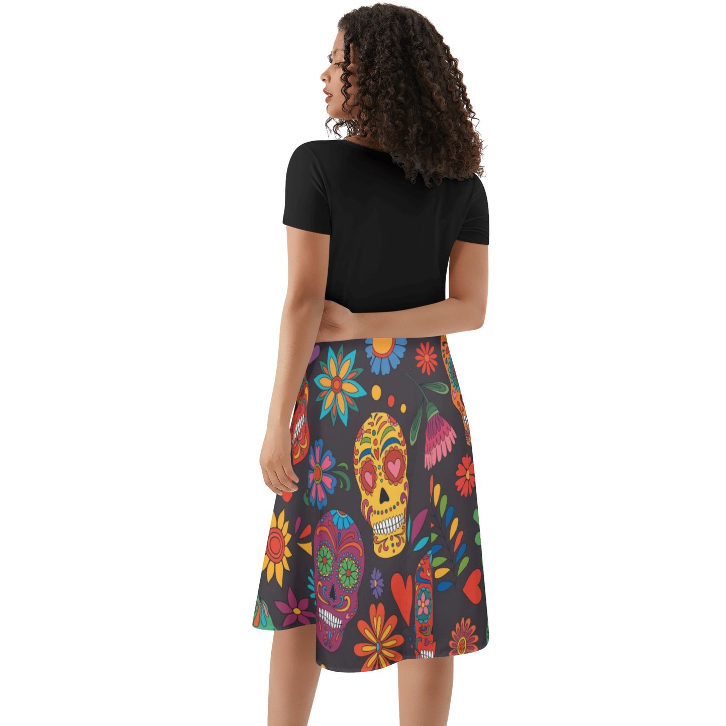 Sugar skull day of the dead mexican skull Women's Black Ruffle Summer Dress