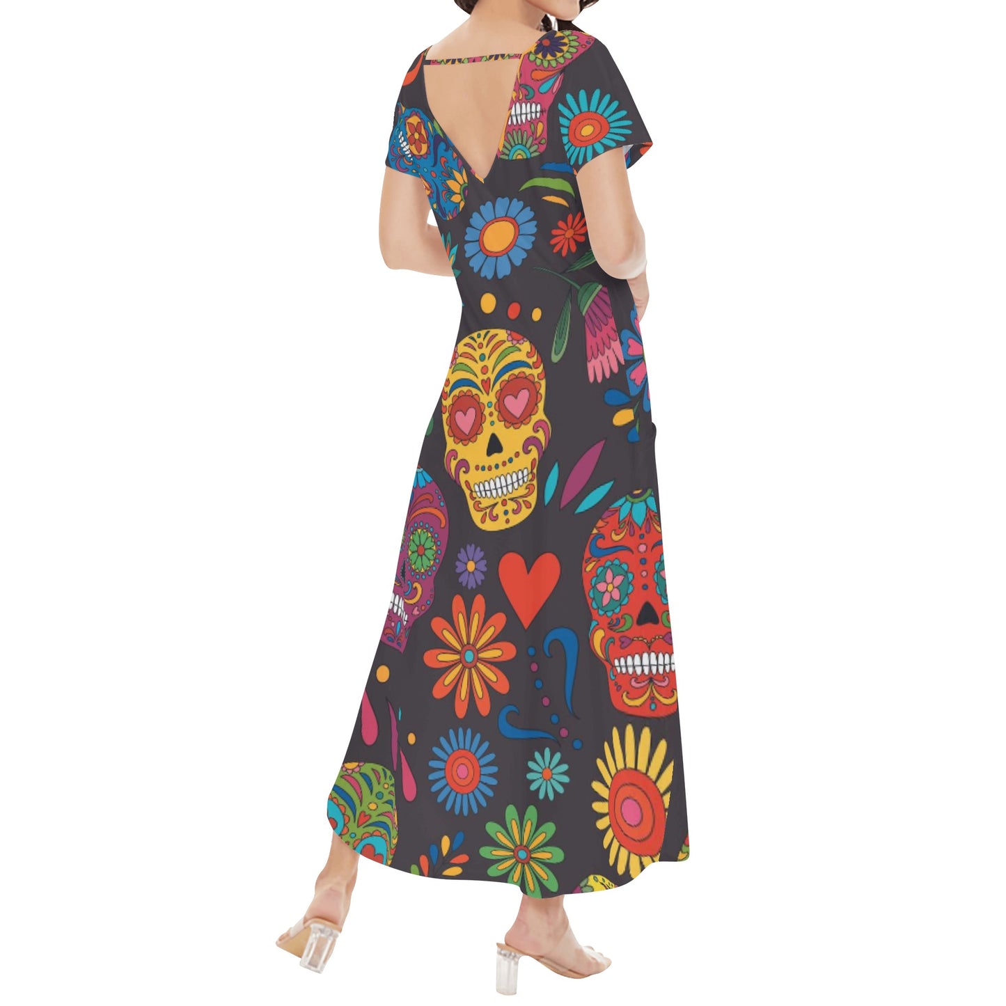 Sugar skull day of the dead mexican skull Women's Short Sleeve Long Draped Dress