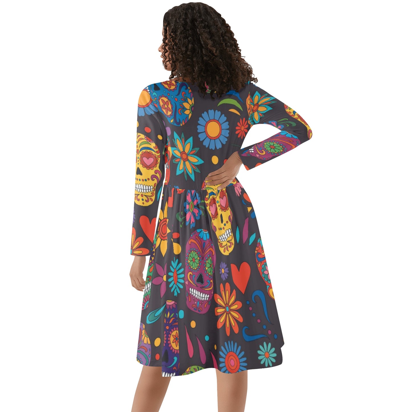 Sugar skull day of the dead mexican skull Women's Long Sleeve Bubble Dress