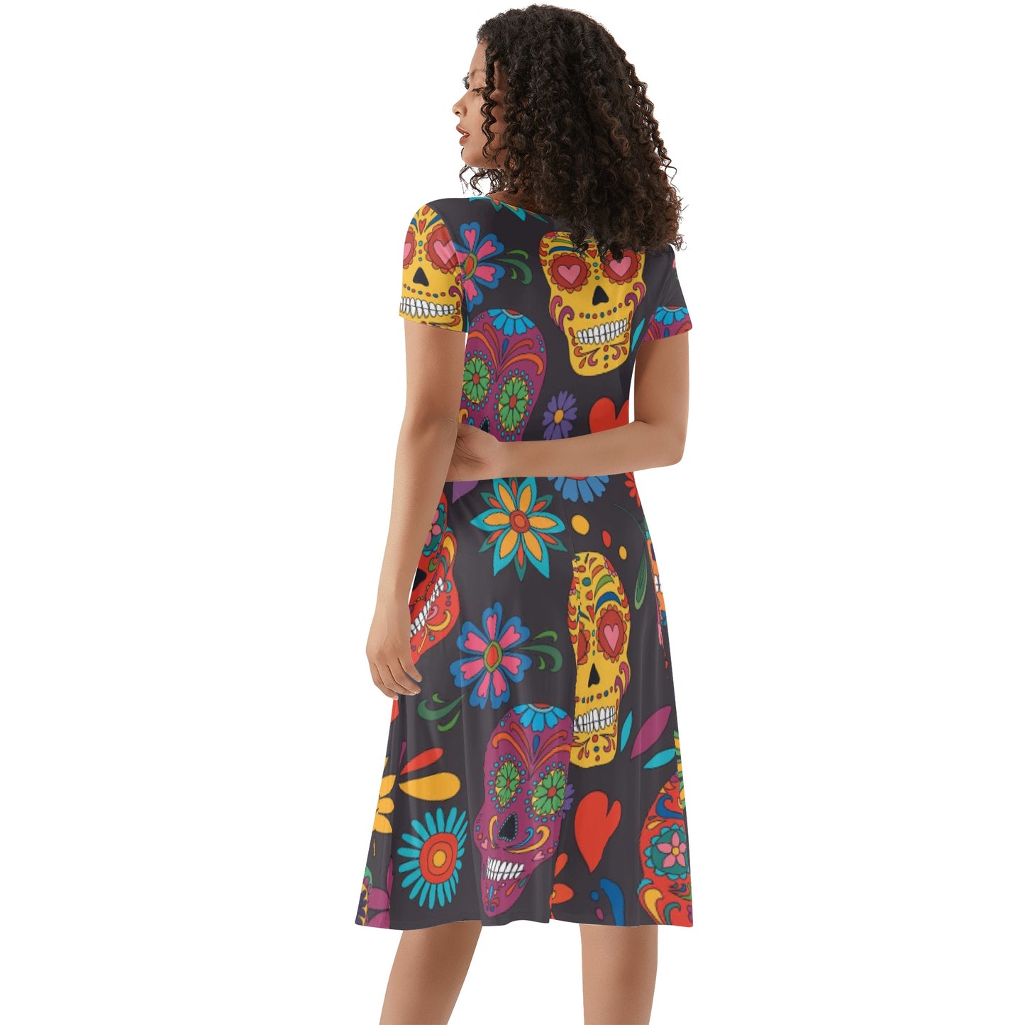 Sugar skull day of the dead mexican skull Women's Short Sleeve Ruffle Dress