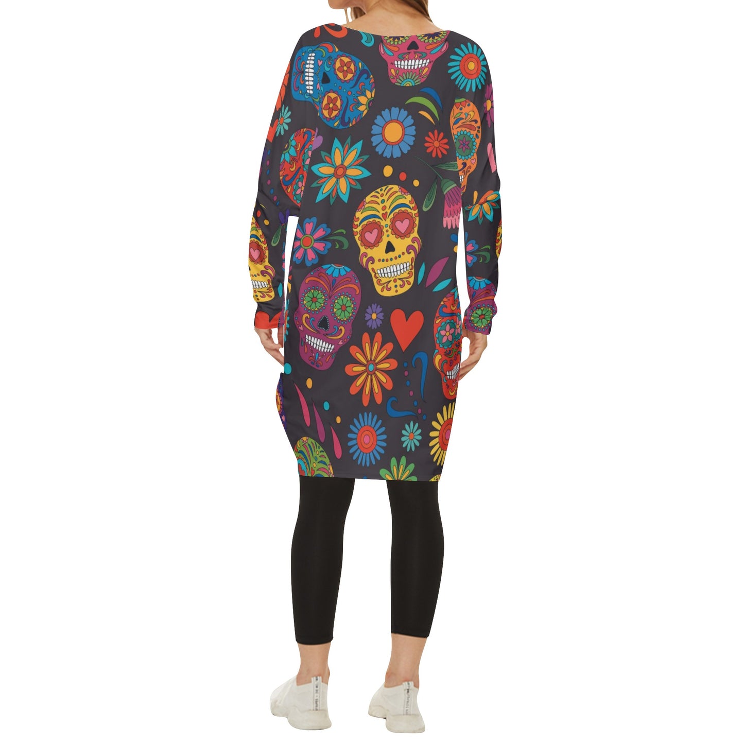 Sugar skull day of the dead mexican skull Women's Casual Long Sleeve Dress