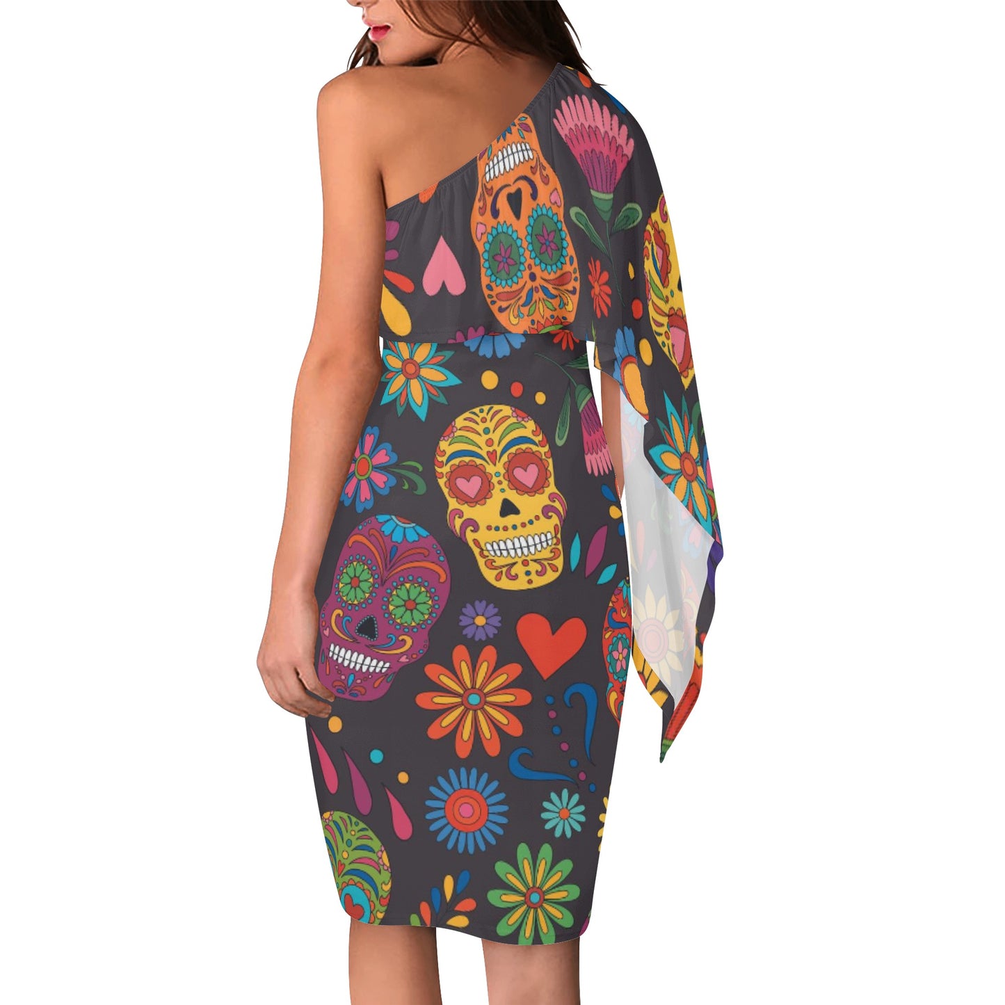 Sugar skull day of the dead mexican skull Women's Long Sleeve One Shoulder Party Dress