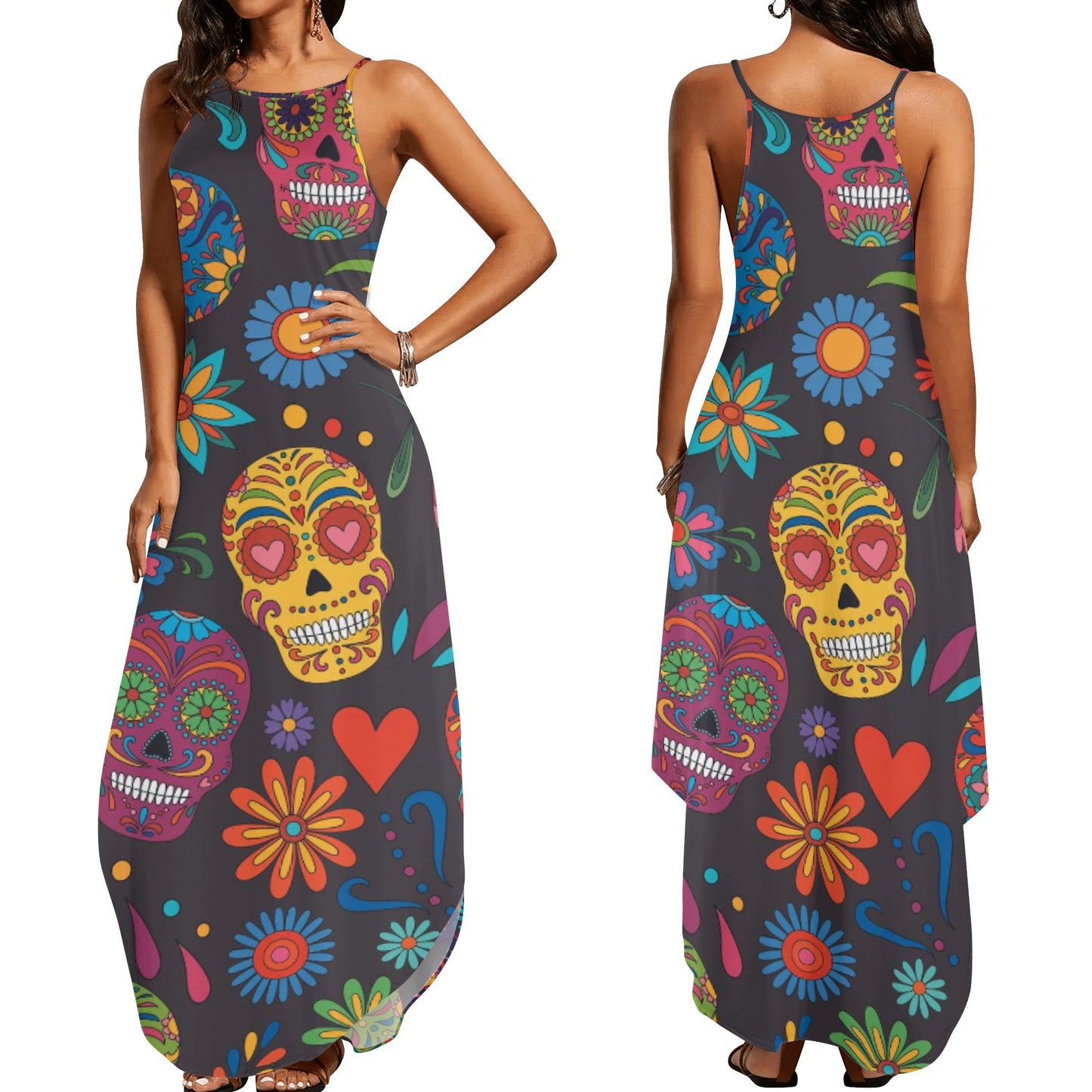 Sugar skull day of the dead mexican skull Women's Elegant Sleeveless Party Dress