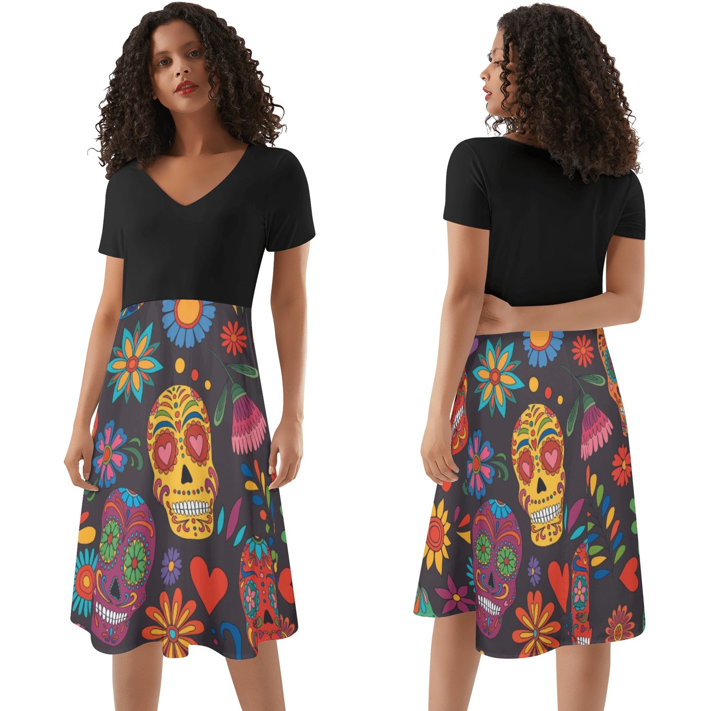 Sugar skull day of the dead mexican skull Women's Black Ruffle Summer Dress