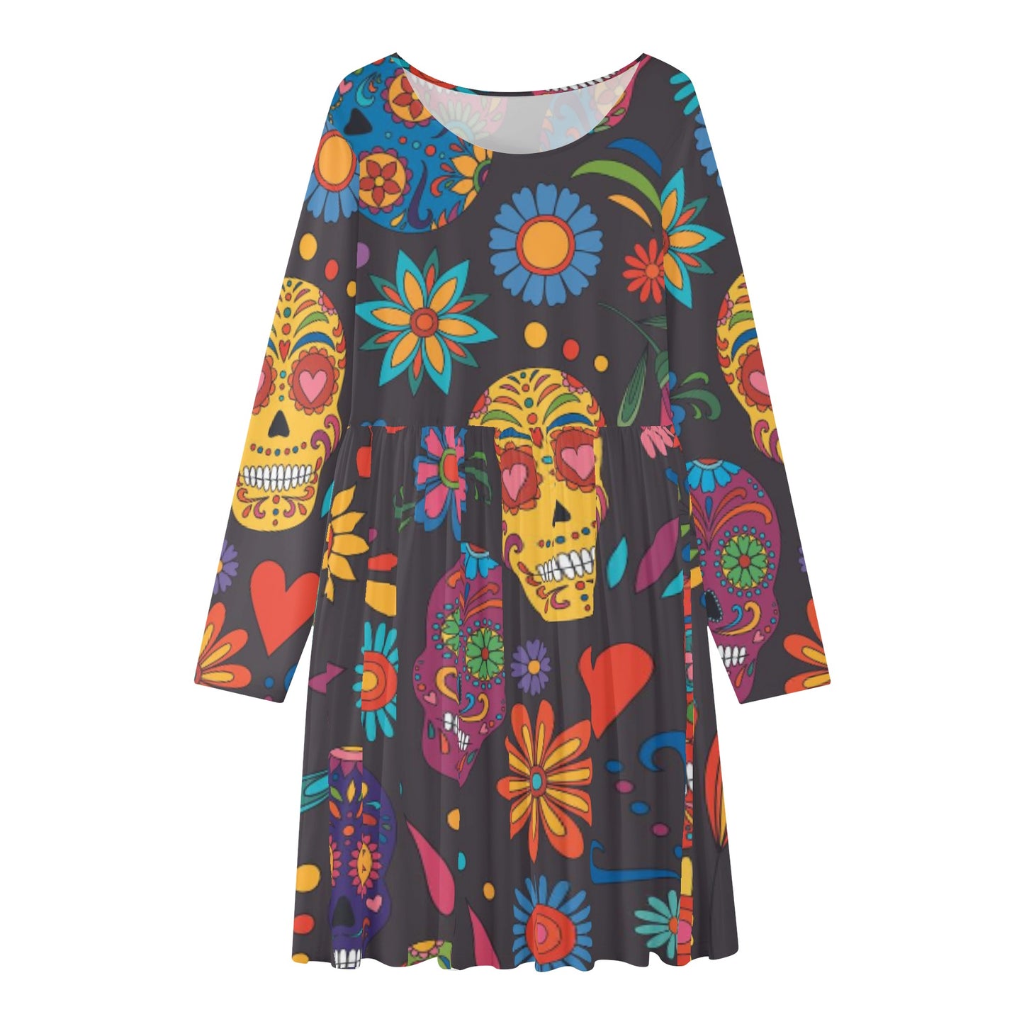 Sugar skull day of the dead mexican skull Women's Long Sleeve Bubble Dress