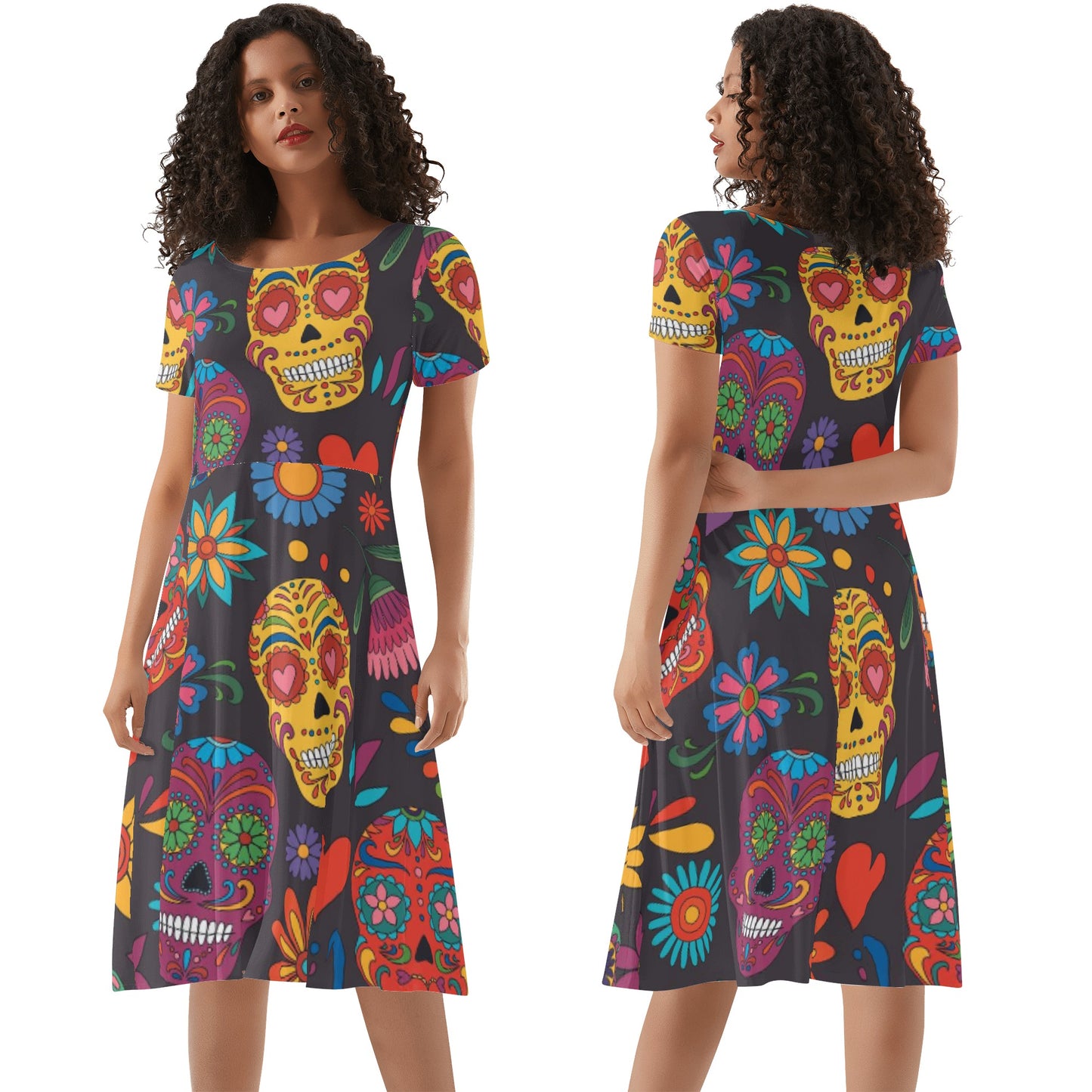 Sugar skull day of the dead mexican skull Women's Short Sleeve Ruffle Dress