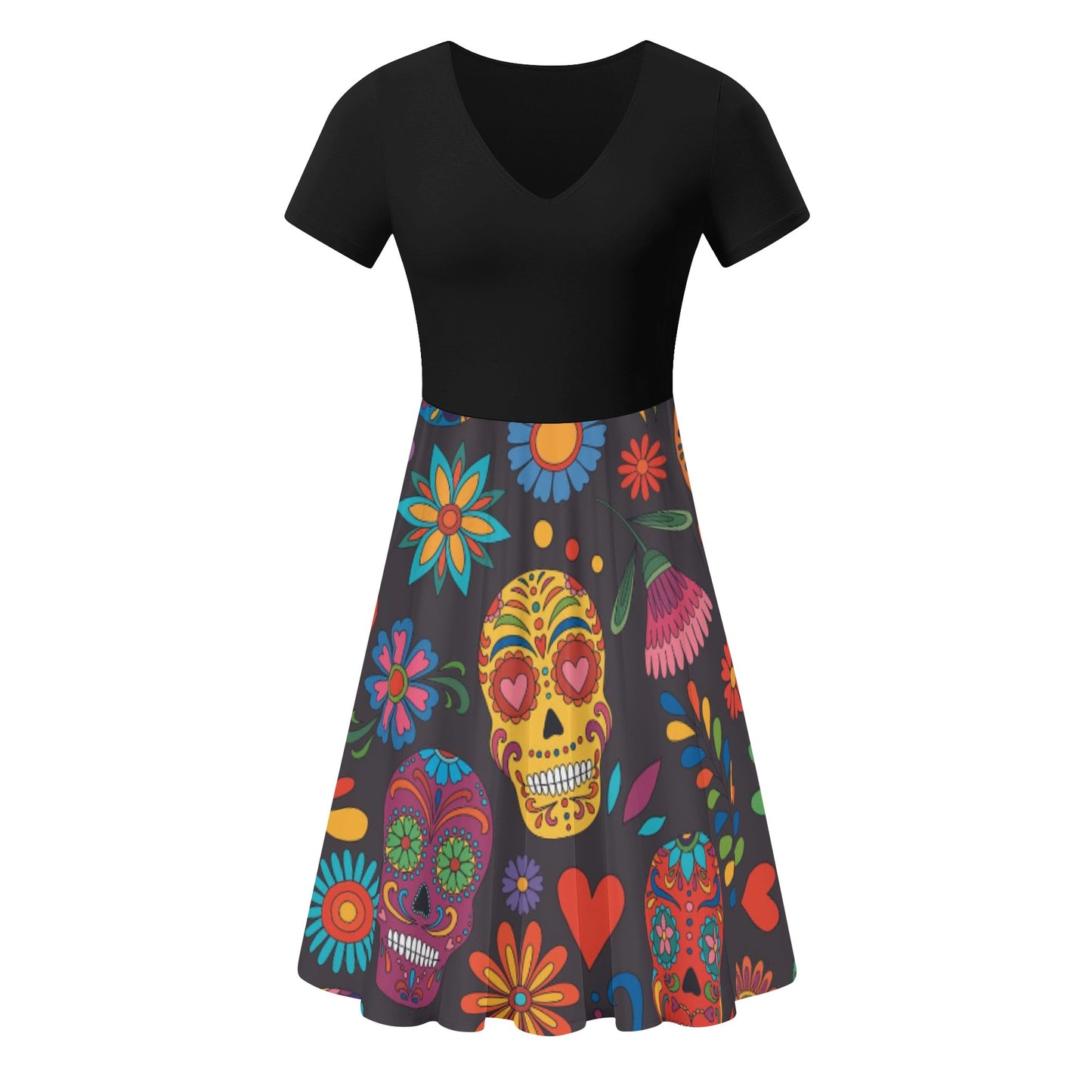 Sugar skull day of the dead mexican skull Women's Black Ruffle Summer Dress