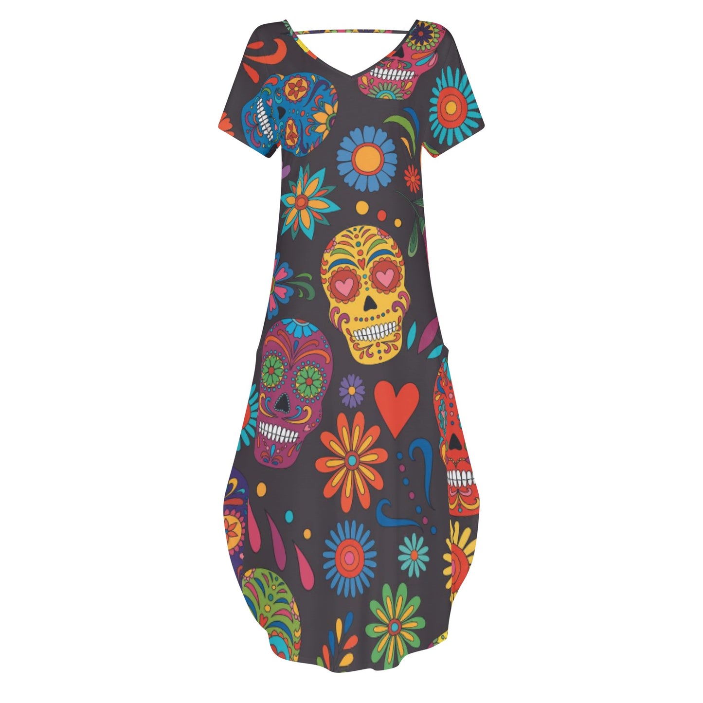 Sugar skull day of the dead mexican skull Women's Short Sleeve Long Draped Dress