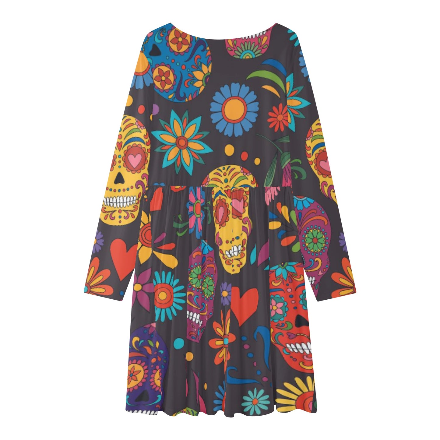 Sugar skull day of the dead mexican skull Women's Long Sleeve Bubble Dress