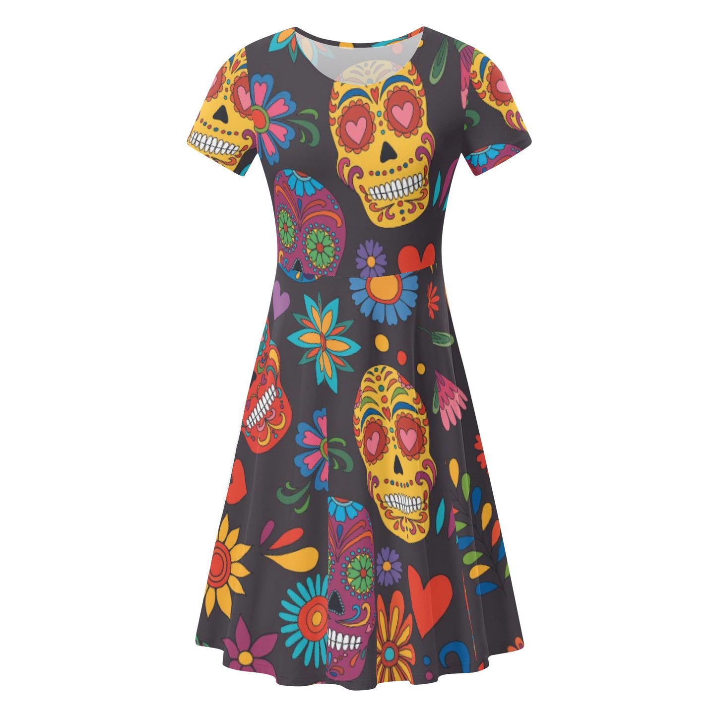 Sugar skull day of the dead mexican skull Women's Short Sleeve Ruffle Dress