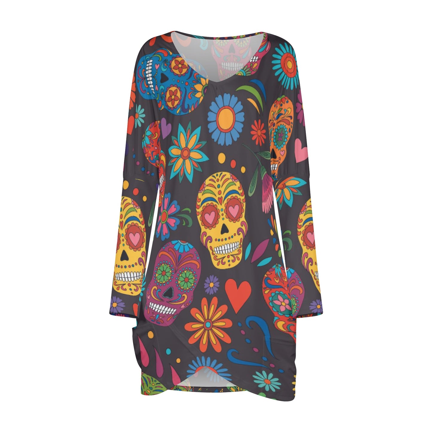 Sugar skull day of the dead mexican skull Women's Casual Long Sleeve Dress