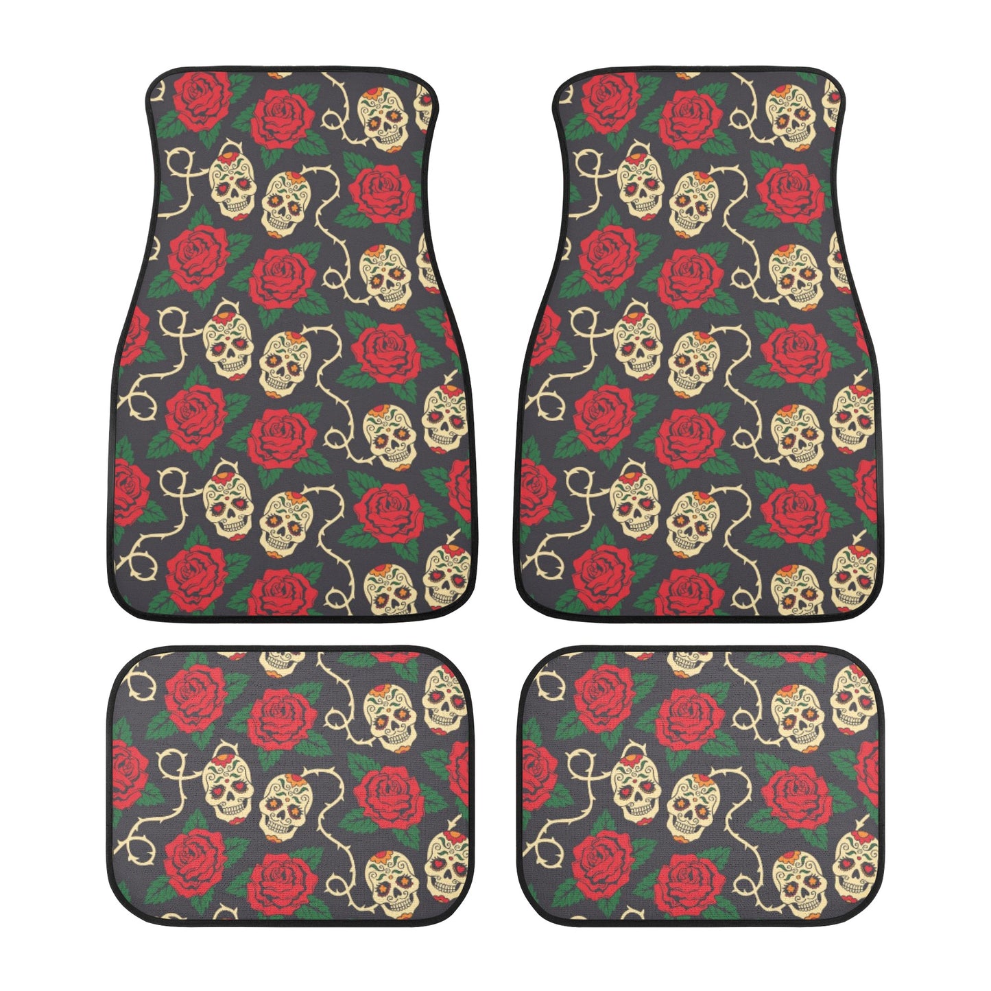 Floral sugar skull skeleton Back and Front Car Floor Mats