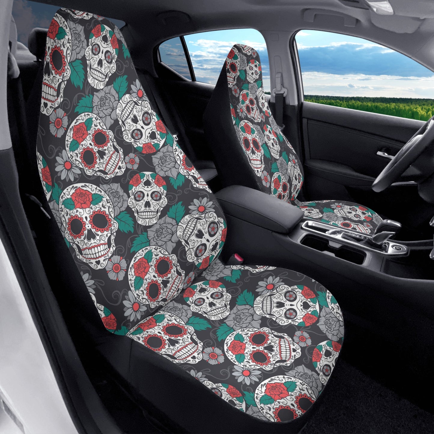 Rose floral sugar skull Car Seat Covers (2 Pcs)