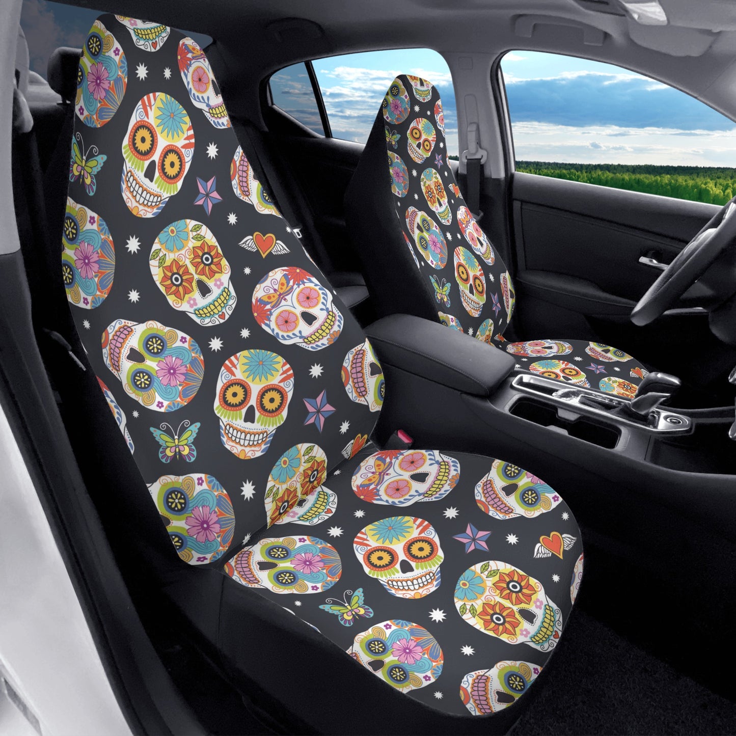 Floral sugar skull Dia de los muertos skull Car Seat Covers (2 Pcs)