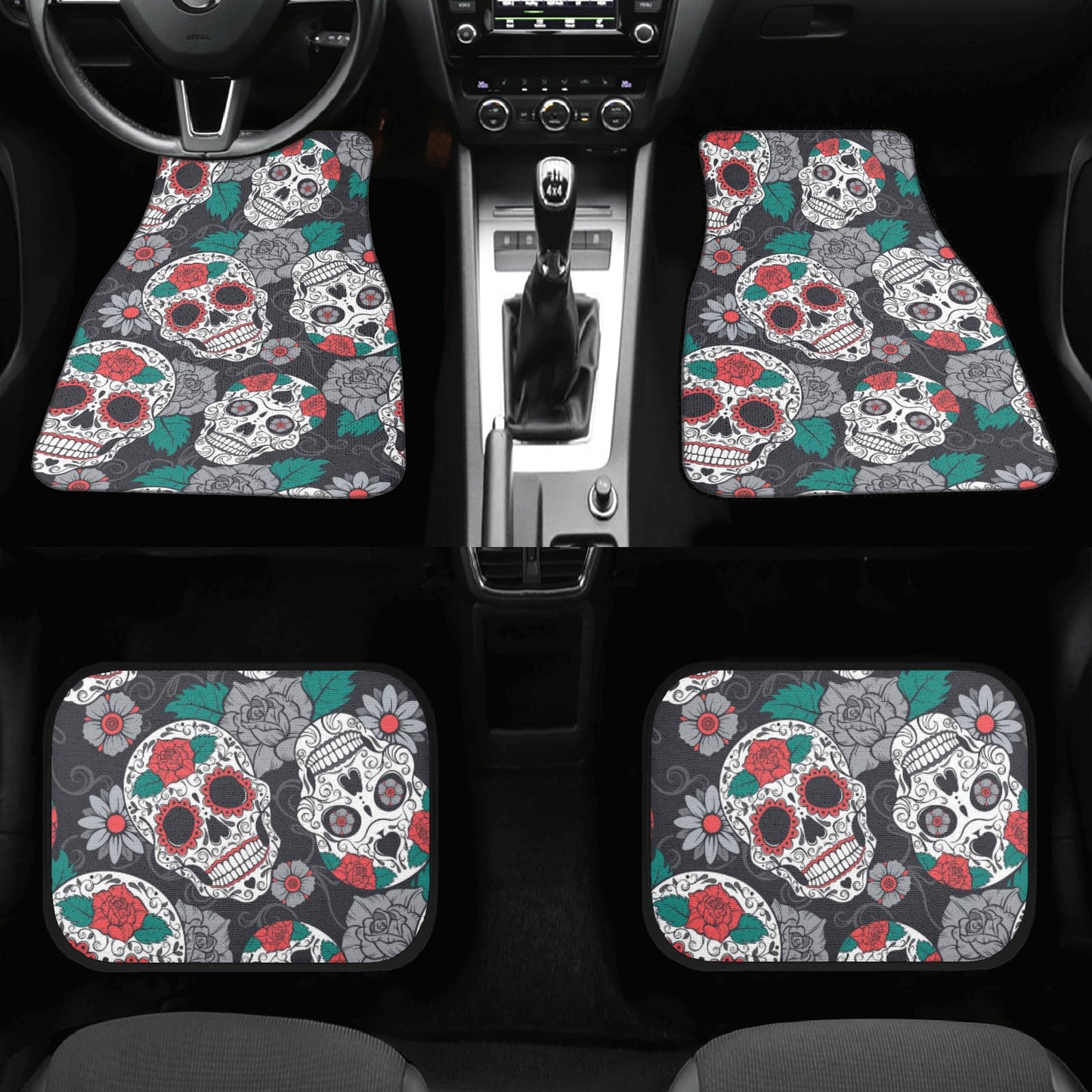 Floral sugar skull pattern Back and Front Car Floor Mats