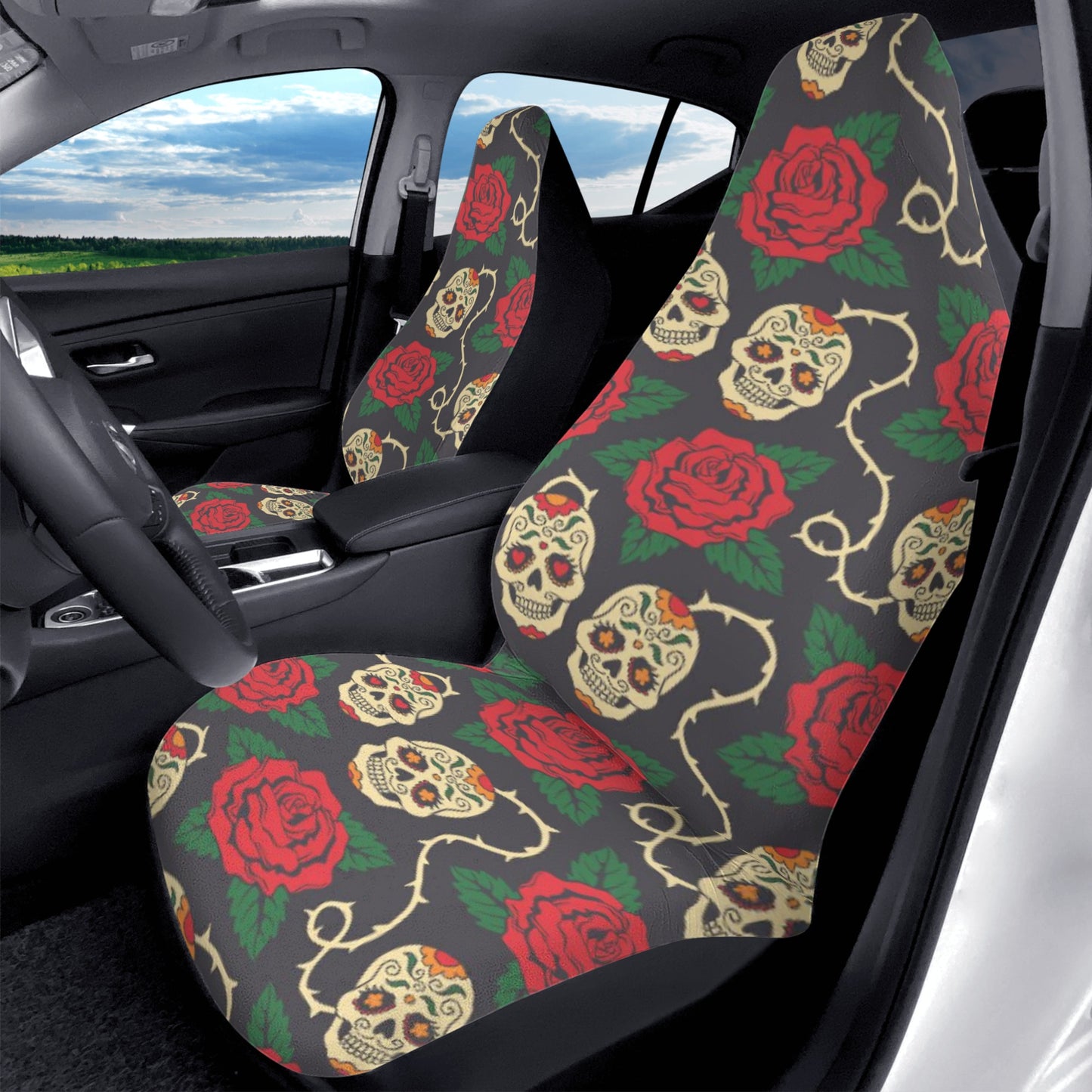 Floral sugar skull dia de los muertos Car Seat Covers (2 Pcs)