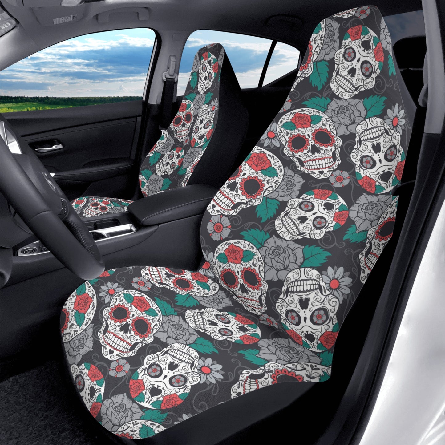 Rose floral sugar skull Car Seat Covers (2 Pcs)