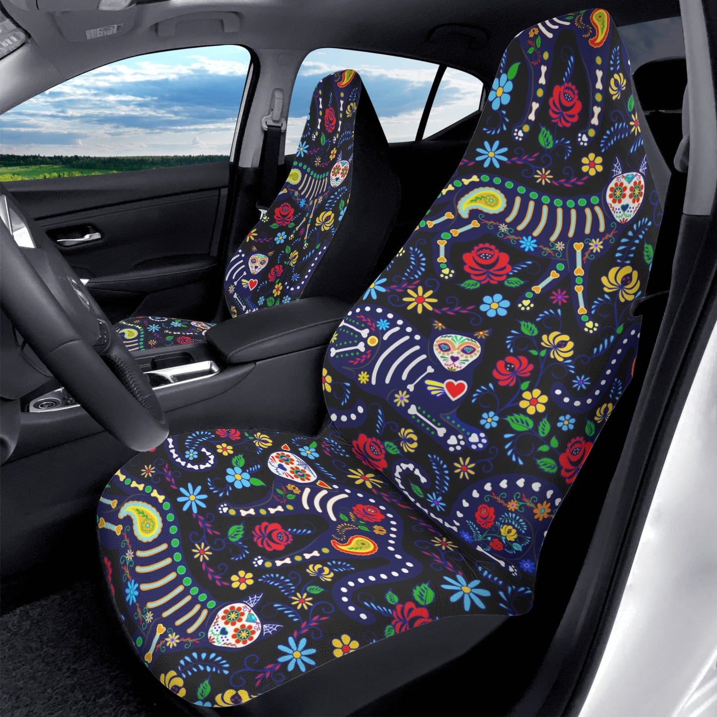 Animal sugar skull cat Car Seat Covers (2 Pcs)