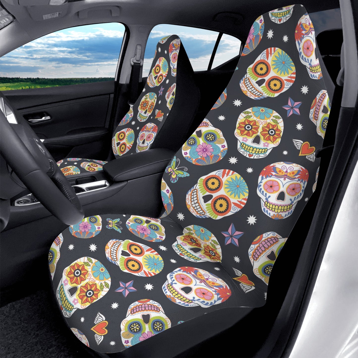 Floral sugar skull Dia de los muertos skull Car Seat Covers (2 Pcs)