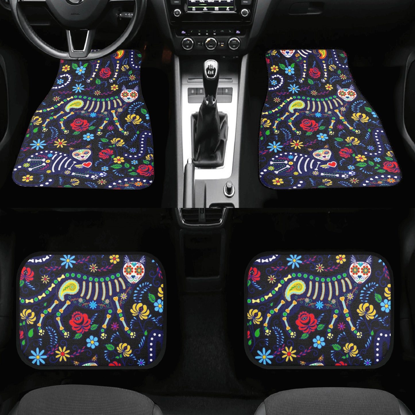 Sugar skull cat animal Back and Front Car Floor Mats