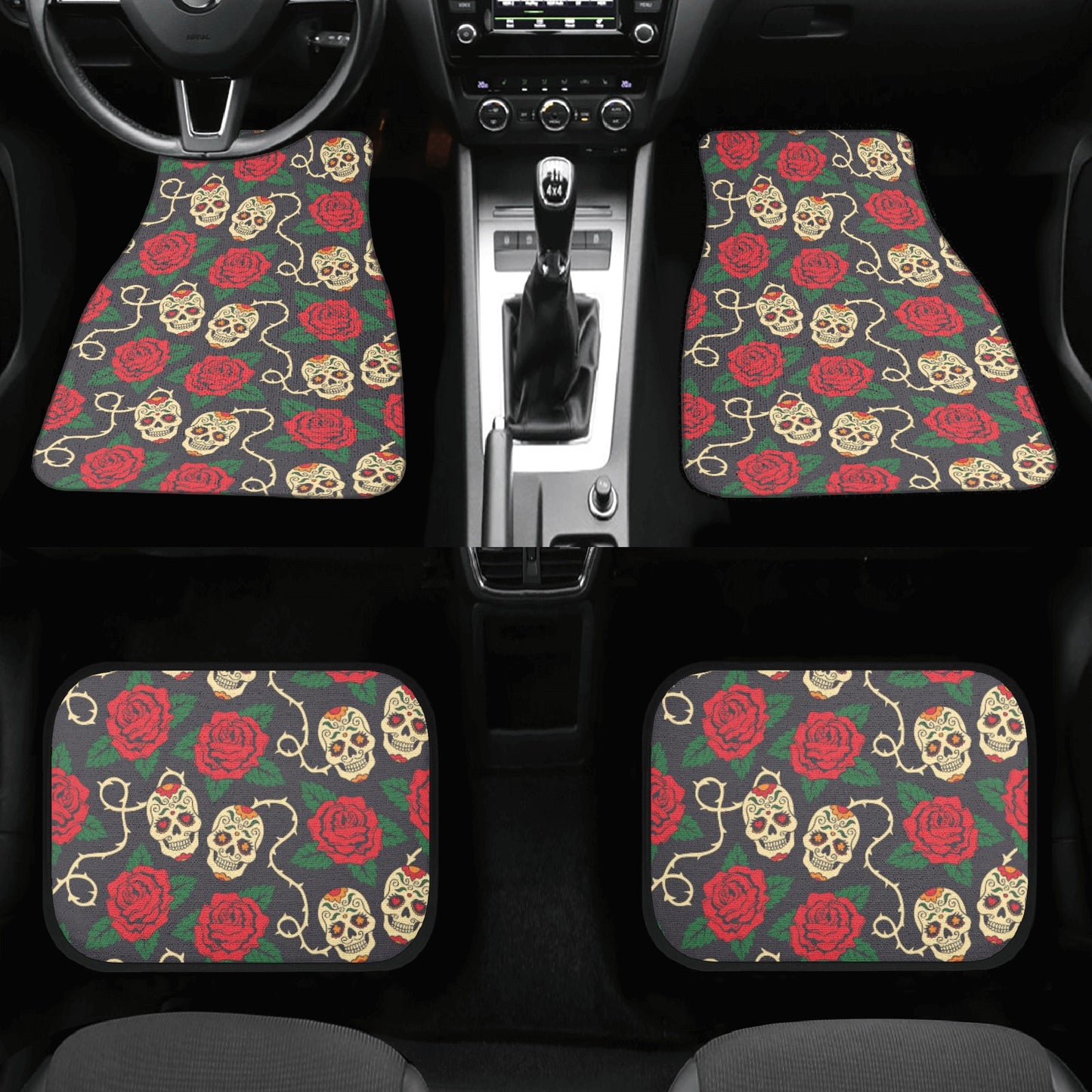 Floral sugar skull skeleton Back and Front Car Floor Mats