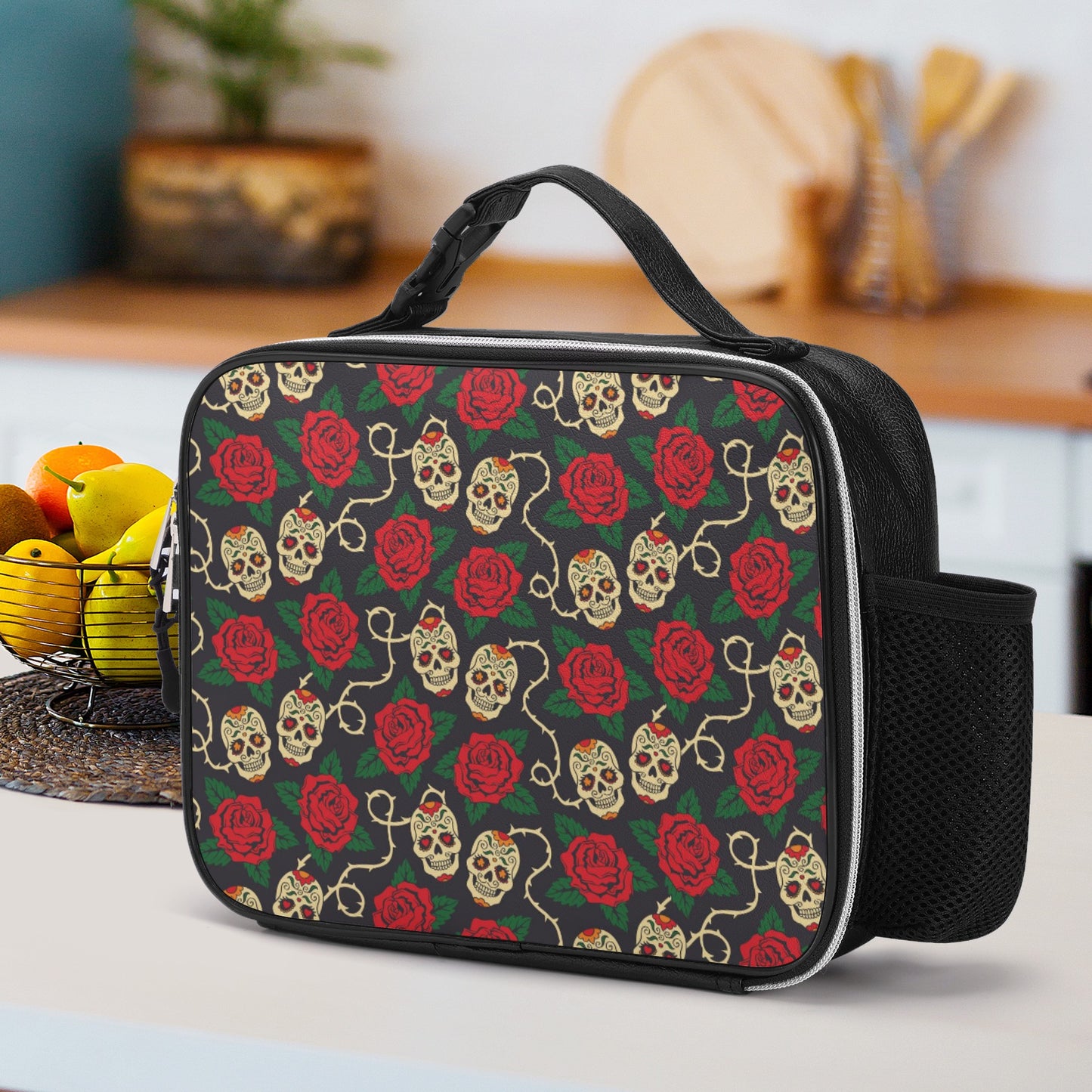 Floral skull skeleton pattern Detachable Leather Lunch Bag