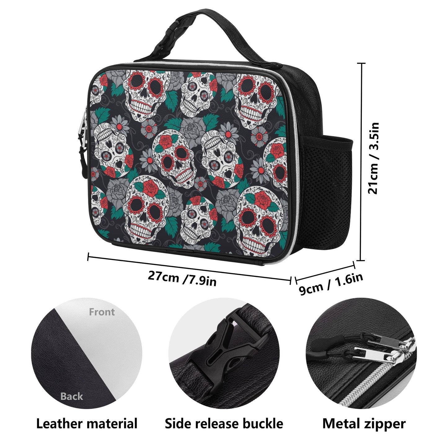 Rose floral sugar skull pattern Detachable Leather Lunch Bag