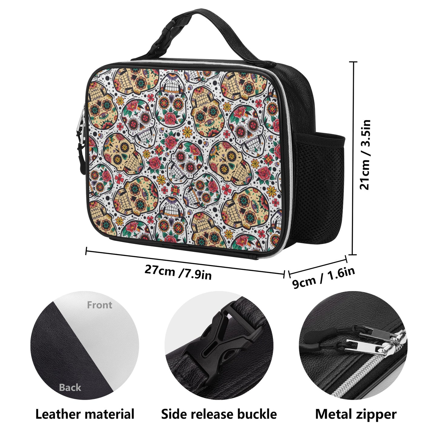Day of the dead sugar skull pattern Detachable Leather Lunch Bag