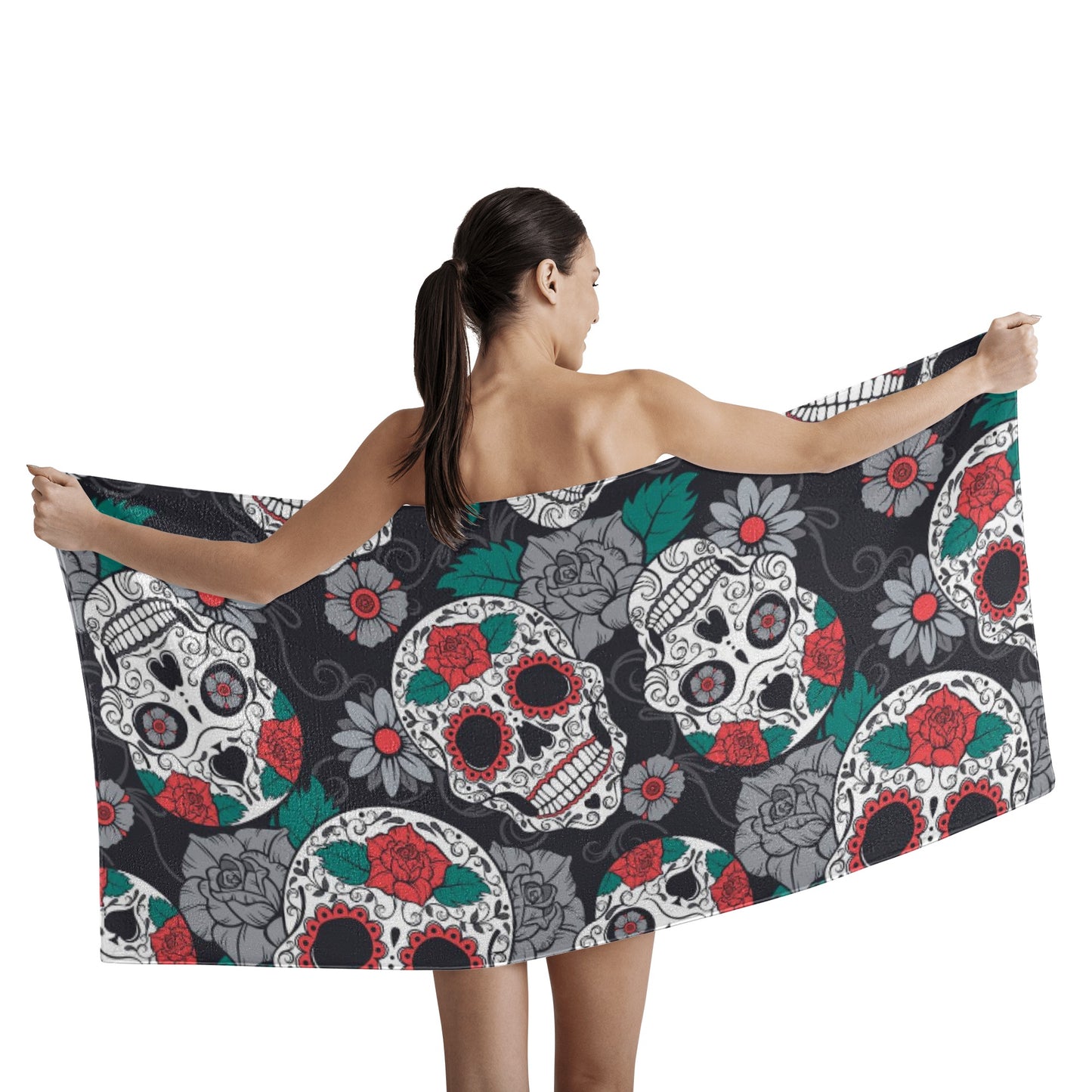 Floral sugar skull pattern skeelton Bath Towel