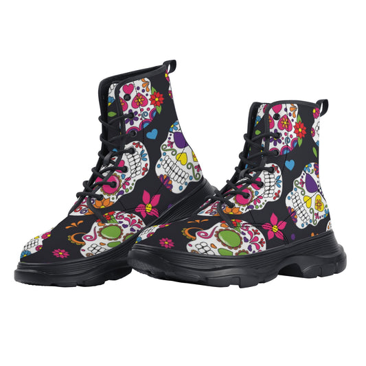 Dia de los muertos sugar skull pattern Men's Leather Chunky Boots