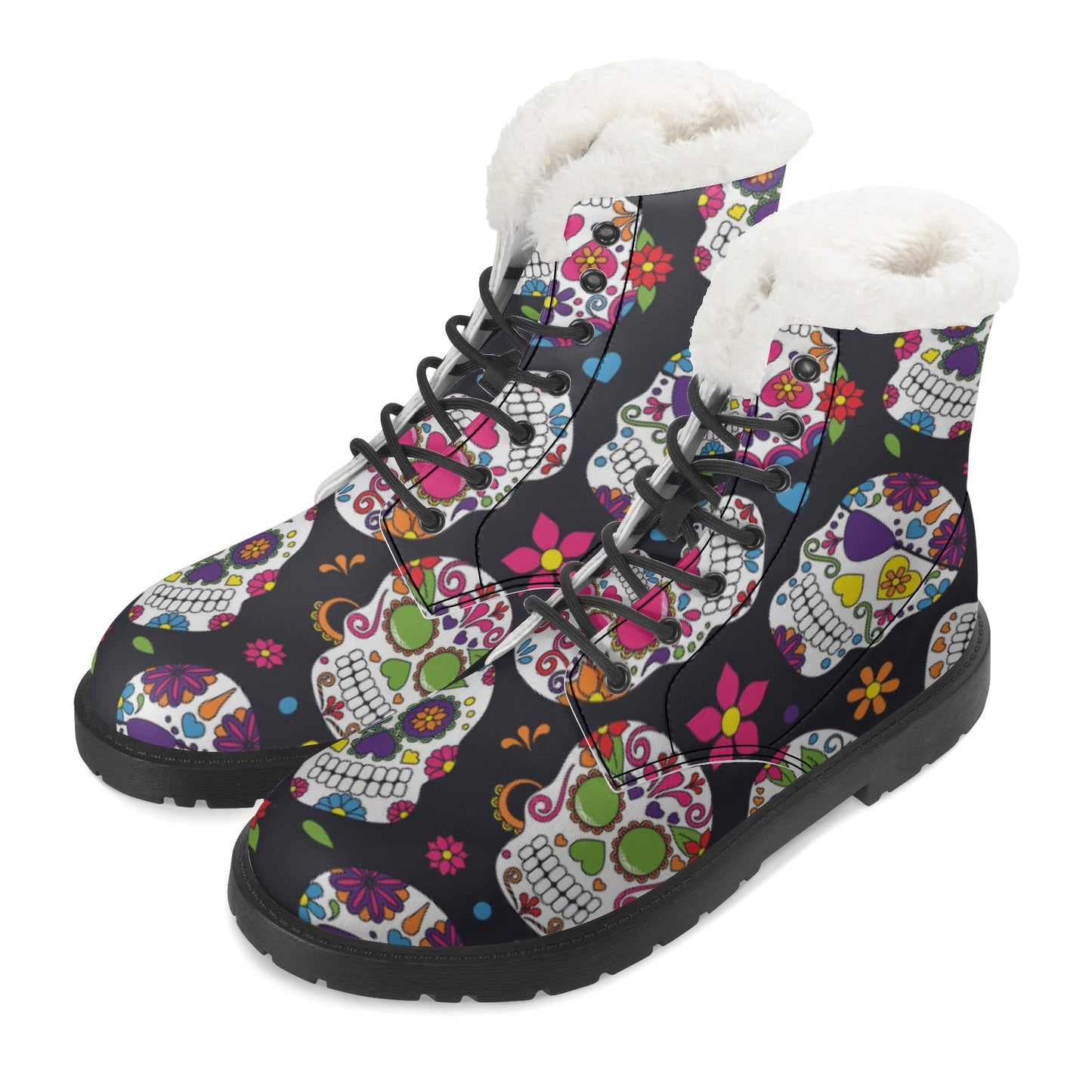 Dia de los muertos sugar skull pattern Women's Faux Fur Leather Boots