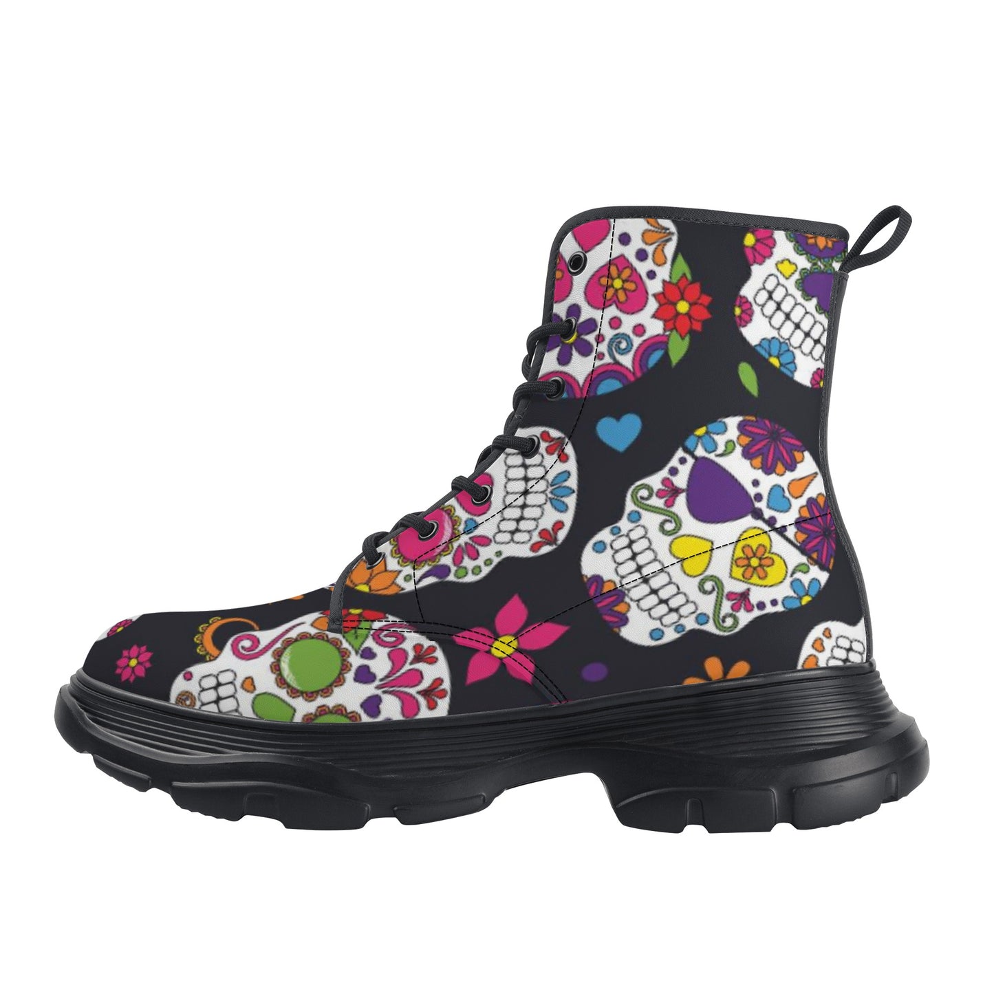 Dia de los muertos sugar skull pattern Men's Leather Chunky Boots