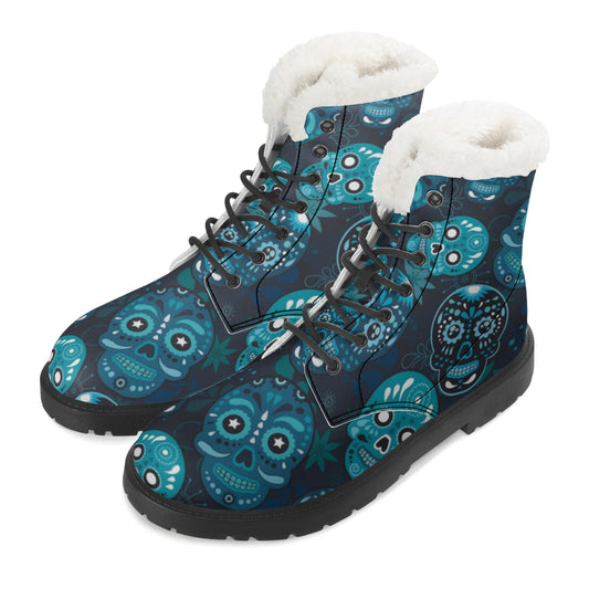 Rose skull floral sugar skull Women's Faux Fur Leather Boots