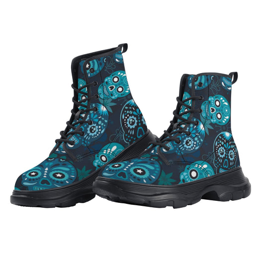 Rose skull floral sugar skull Women's Leather Chunky Boots
