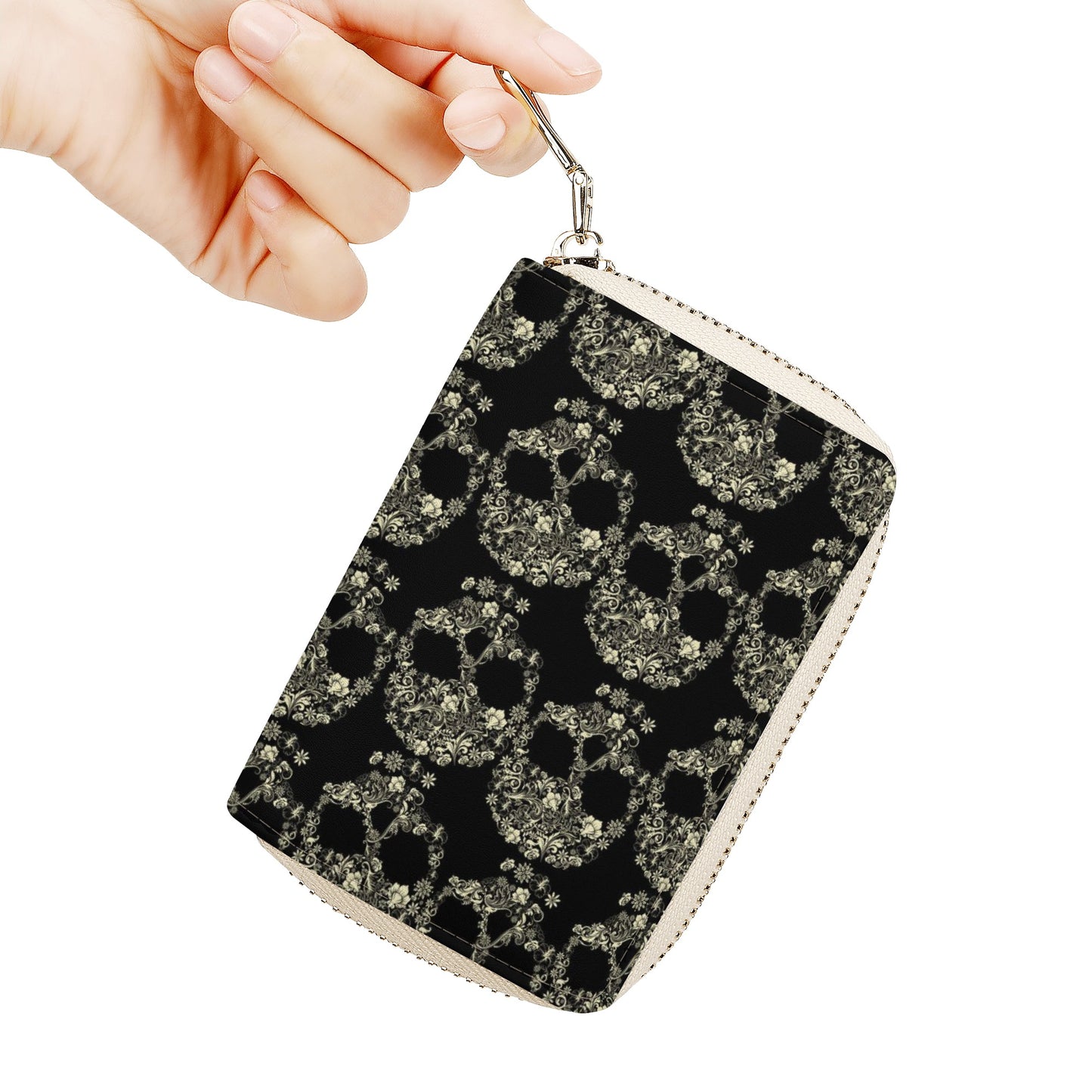 Rose skull floral sugar skull Zipper Card Holder