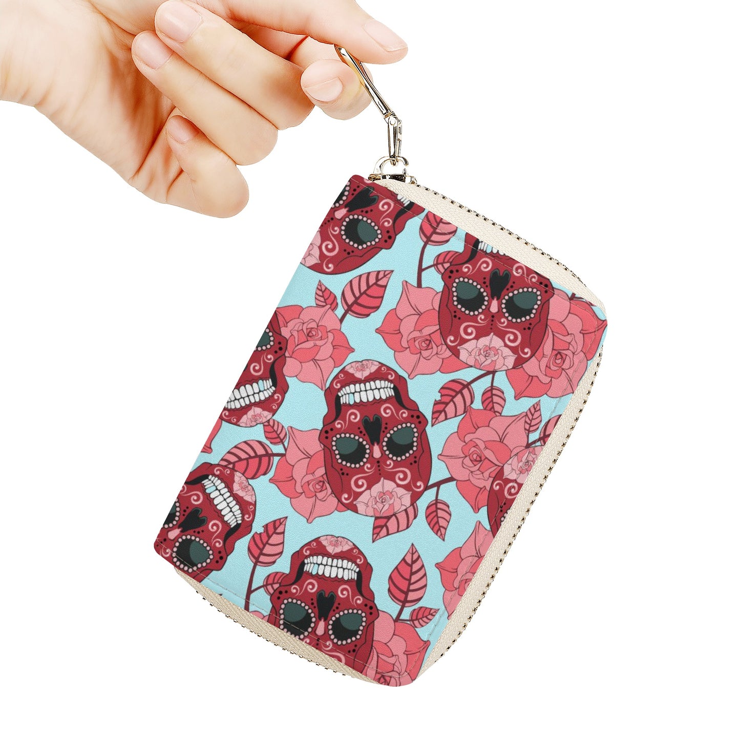 Floral sugar skull candy skull day of the dead Zipper Card Holder