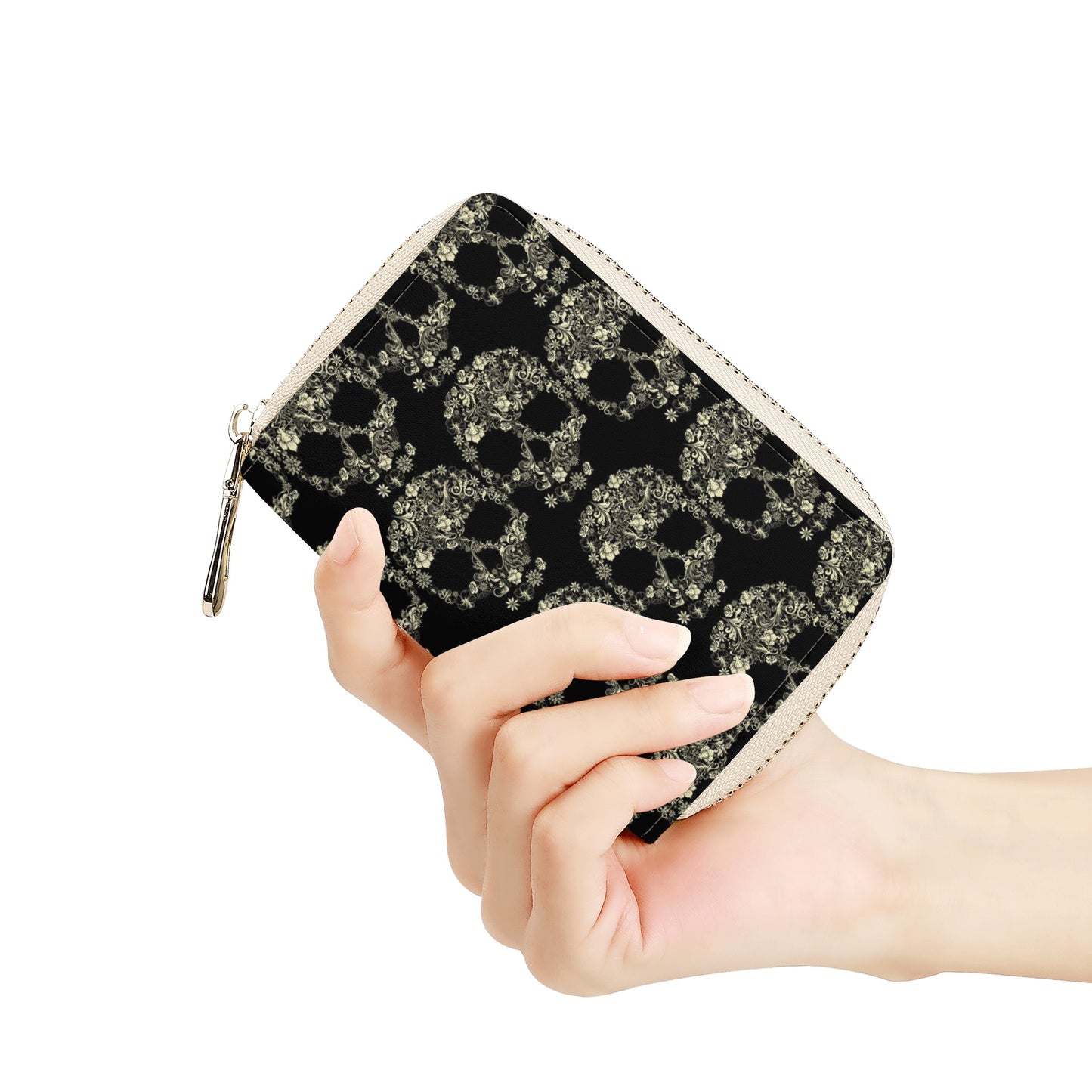 Rose skull floral sugar skull Zipper Card Holder