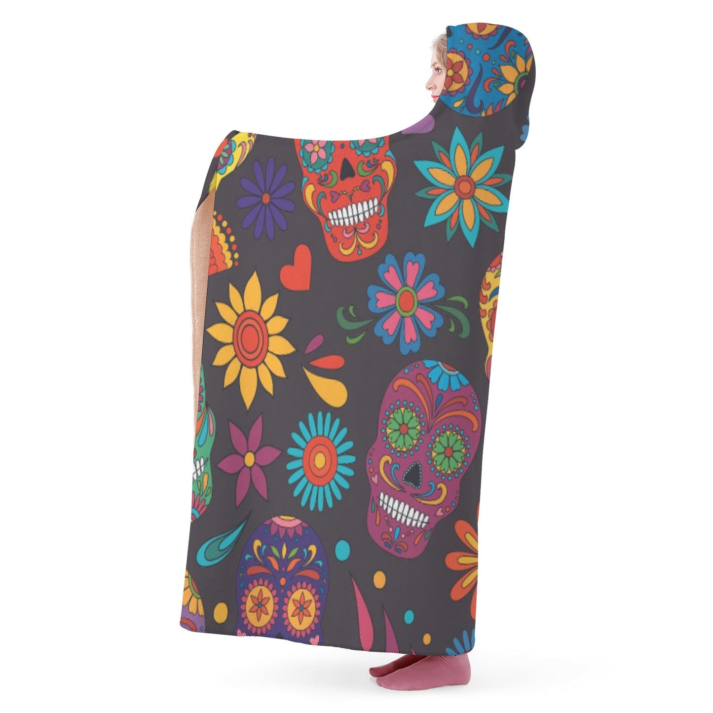 Floral sugar skull pattern Hooded Blanket