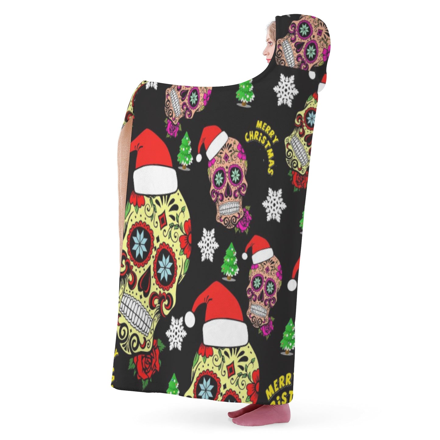 Merry Christmas sugar skull Hooded Blanket
