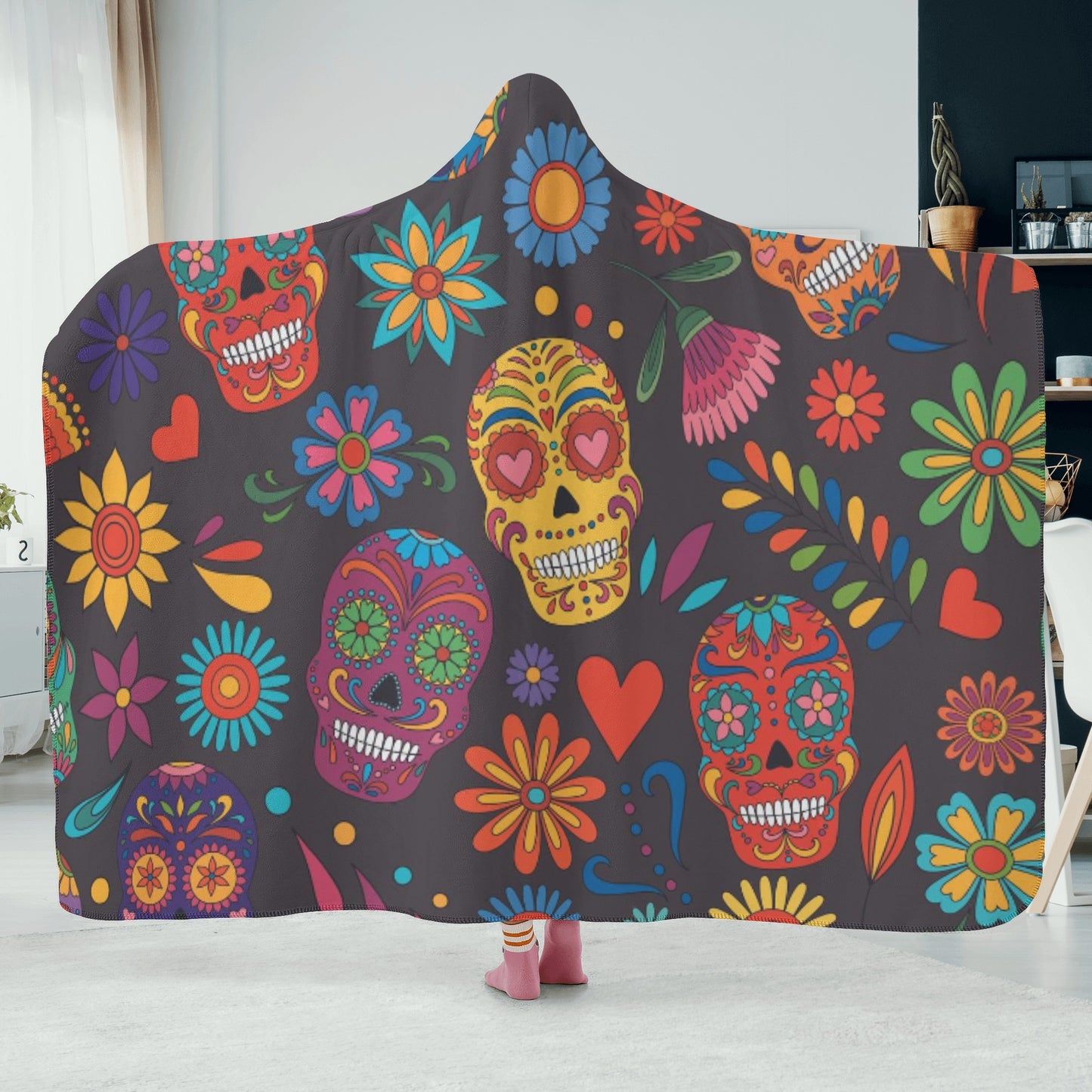 Floral sugar skull pattern Hooded Blanket