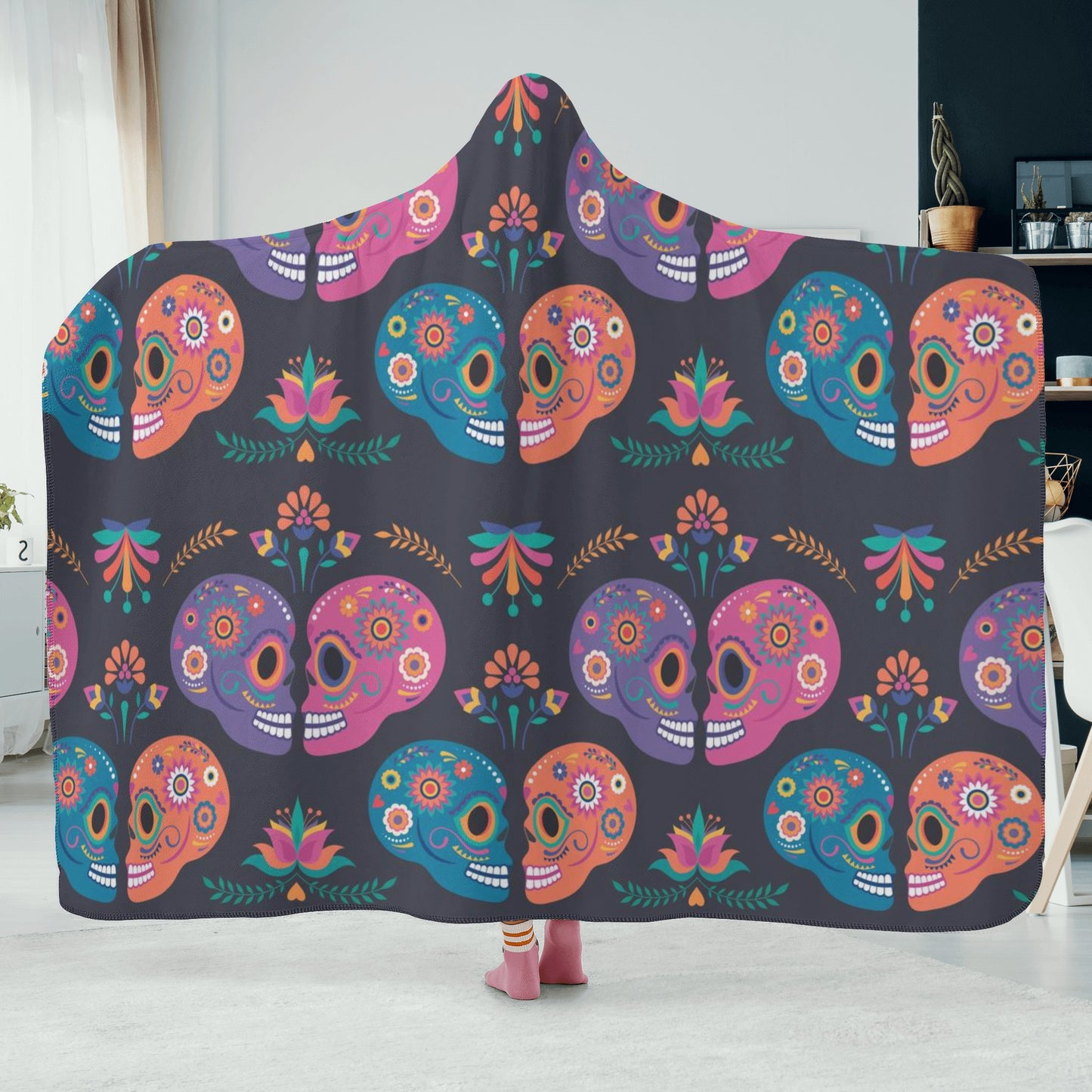 Sugar skull couple Hooded Blanket