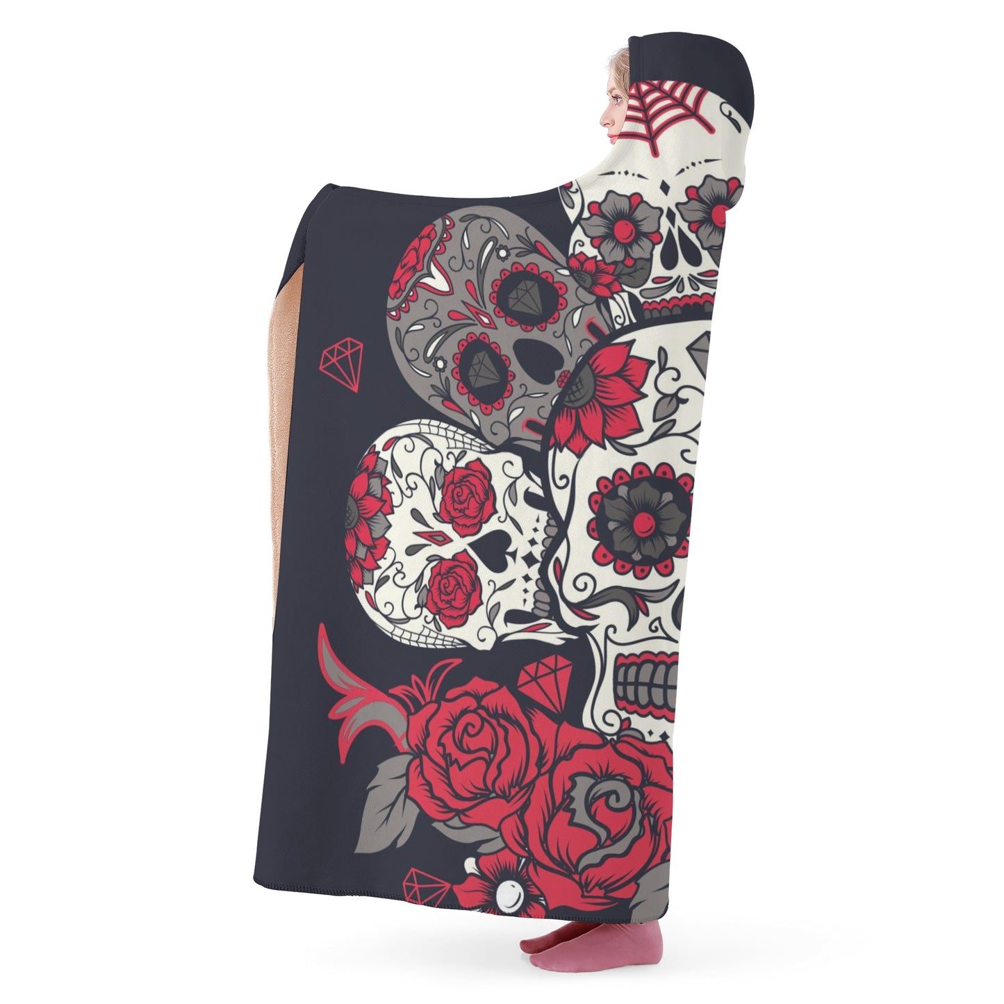 Floral sugar skull pattern Hooded Blanket